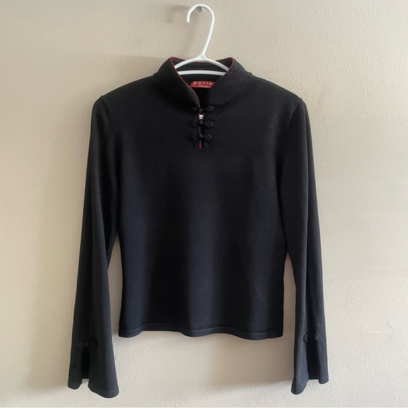 Dalia Sweaters - Vintage 90s Dalia Black Mandarin Collar Sweater w Red Trim Details & Bell Sleeve